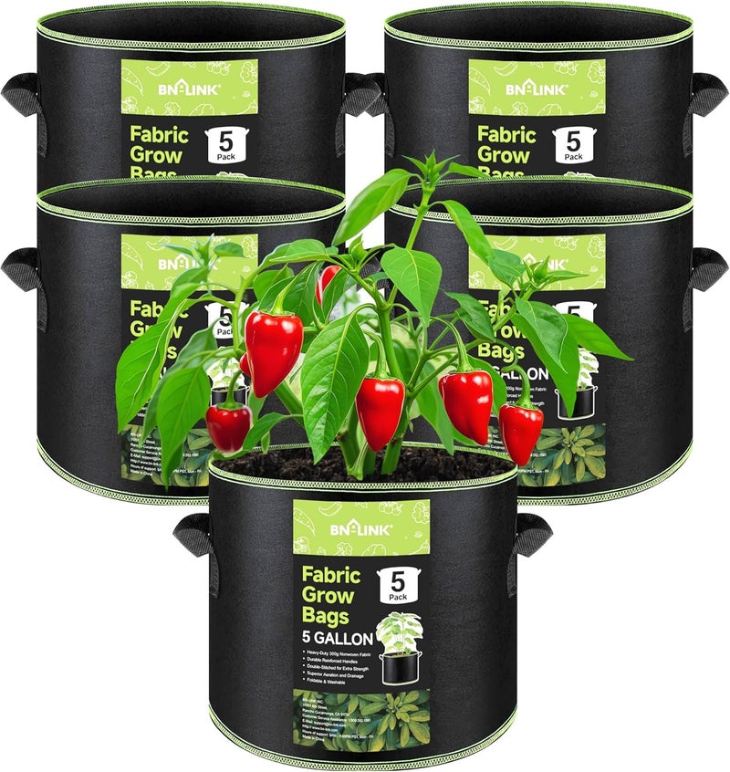 BN-LINK 5-Pack 5 Gallon Grow Bags, Heavy Duty Aeration Fabric Pots with Handles, Thickened Nonwoven Plant Bags for Vegetables, Flowers, Fruits - Image 1